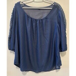 Unique Spectrum Blue Crochet Sleeve Boho Peasant Top Plus 1X Rayon